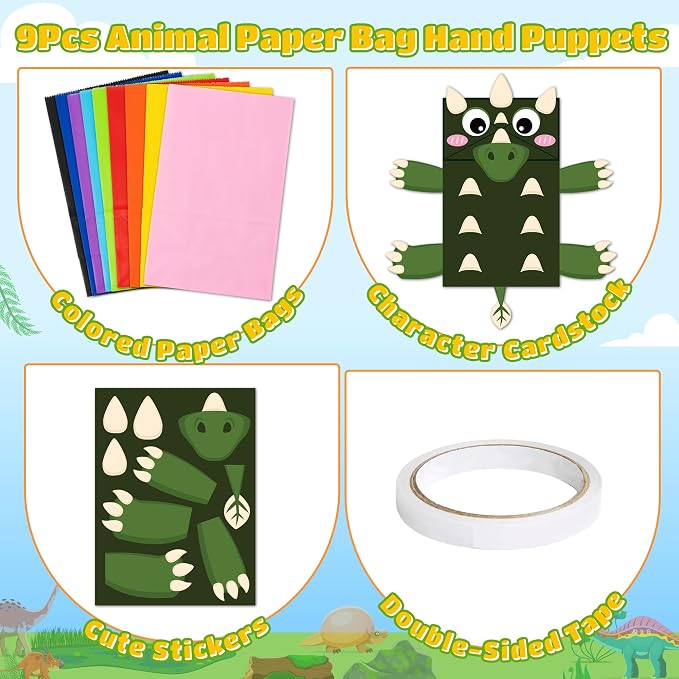 WATINC Hand Puppet Making Kit, Paper Sock Puppet Toys for Kids (Dinosaur) | 9 Styles, Make Your Own Storytelling & Role Play Crafts, Creative Group Activity, Party Favors & Gifts for Kids Ages 4-8