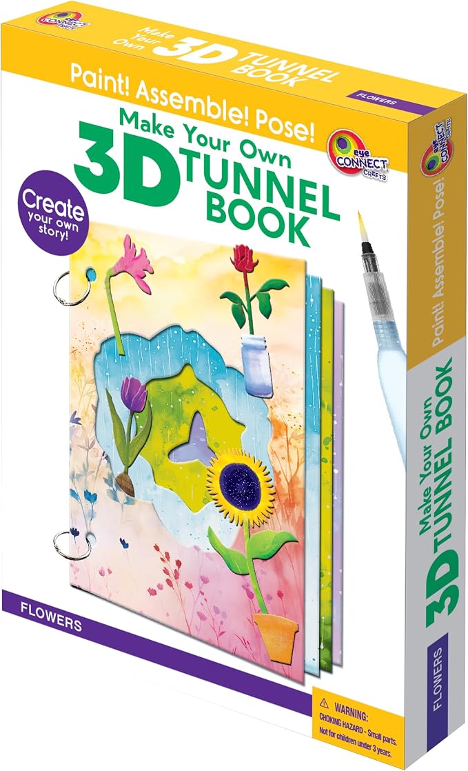 Flowers & Pots Mini 3D Tunnel Book – Hands-on Paper Craft Kit | Build, color & create a pop-in book! Mini animals, watercolor pastels & water brush included. Portable, screen-free fun! 3+