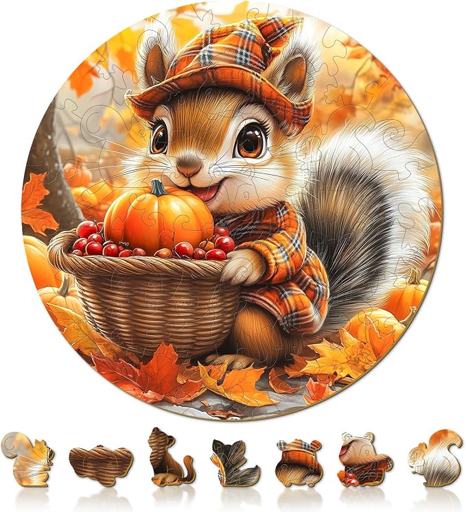 Fall Wooden Puzzles for Kids - Squirrel Harvest | 50 Piece Puzzles for Kids Ages 4-6 - Kids Puzzle with Unique Animal Shapes - Round Puzzles for Boys and Girls (11.4 * 11.4in)