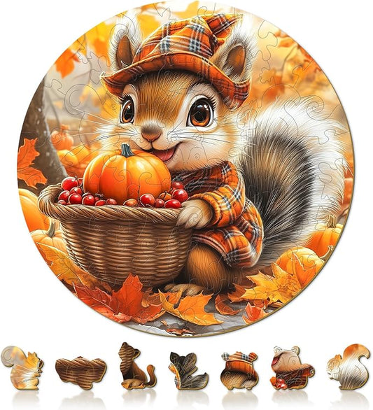 Fall Wooden Puzzles for Kids - Squirrel Harvest | 50 Piece Puzzles for Kids Ages 4-6 - Kids Puzzle with Unique Animal Shapes - Round Puzzles for Boys and Girls (11.4 * 11.4in)