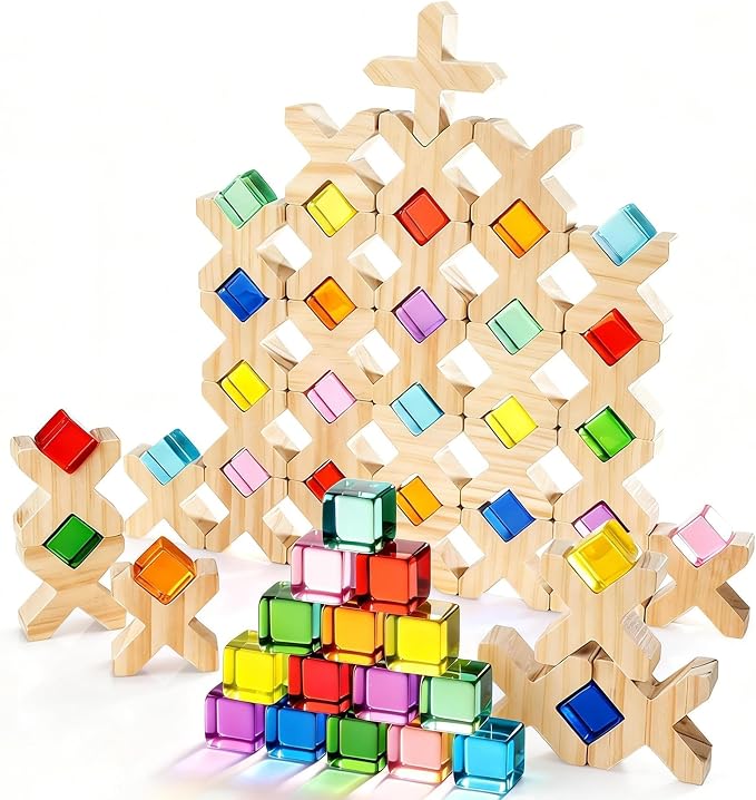 Woodtoe 80 PCS Rainbow Building Blocks Set, Wooden Blocks for Kids Ages 3-6 | Montessori Stacking Toy, 48 PCS Acrylic Blocks, 32 Wooden Blocks, Educational STEM Learning Sensory Toy Gifts for Boy Girl