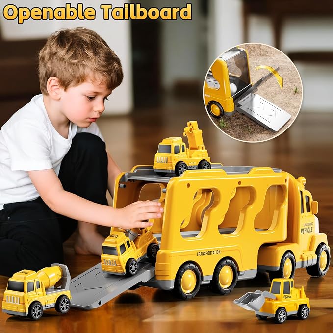 5-in-1 Construction Trucks Toys for 3 4 5 Years Old Boys | Carrier Transport Vehicle Truck for Toddlers 3-4 Years with Crane, Mixer, Pushdozer and Excavator, Car Toys Birthdays Gift