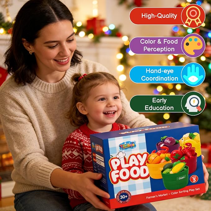 Play Food Sets for Kids Kitchen - Learning Toy Color Sorting | Cutting Toy Food - Safe ABS Materials, Play Food for Toddlers 1-3, Great Gifts for 3-8 Years Old Boys & Girls