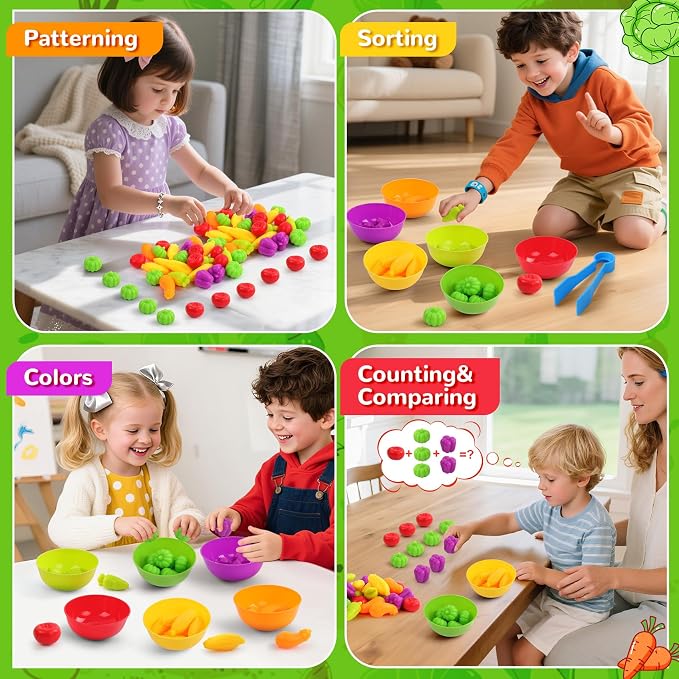 USATDD Counting Vegetables Color Sorting Matching Games with Bowls Preschool Learning Activities Sensory Toys Montessori Toys Birthday for Toddlers Kids Boys Girls Aged 3 4 5