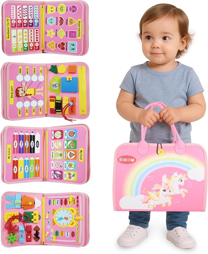 URBAN TOYS Toddler Busy Board for Kids Ages 3+, Montessori Busy Book, Sensory Learning Toy for Fine Motor Skills, Toddler Travel Essential for Airplane & Car, Gift for Boys & Girls