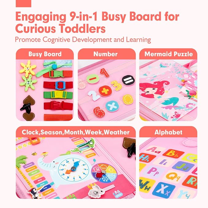 hahaland Busy Board for Toddlers Boys Girls Montessori Toys for 3+ Year Old | Preschool Educational Learning Activities Toddler Travel Toys for Ages 3 4 5 with Life Skill Number Color Weather