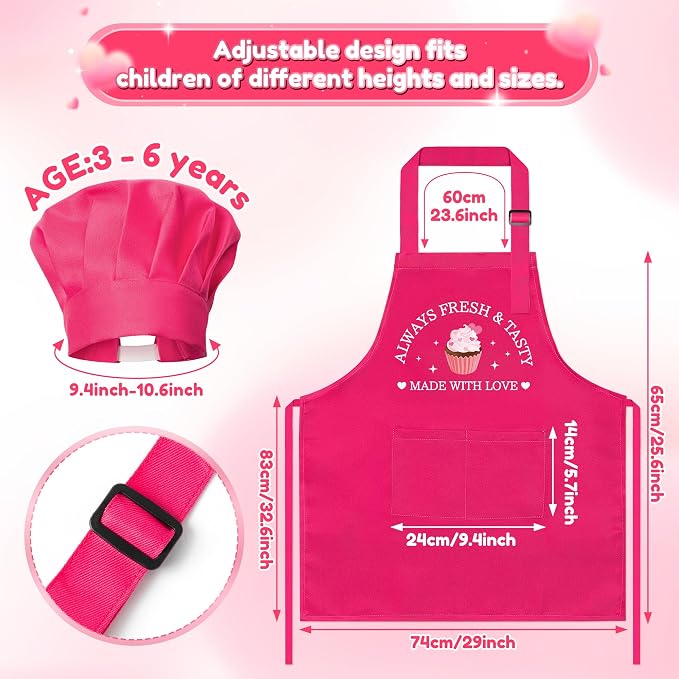 R HORSE Kid Apron and Chef Hat Set 2Pcs Adjustable Pink Children Kitchen Apron, Dress up Role Play Chef Toy Funny Cooking Baking Painting and Training Kits for Kids Birthday Holiday Gift