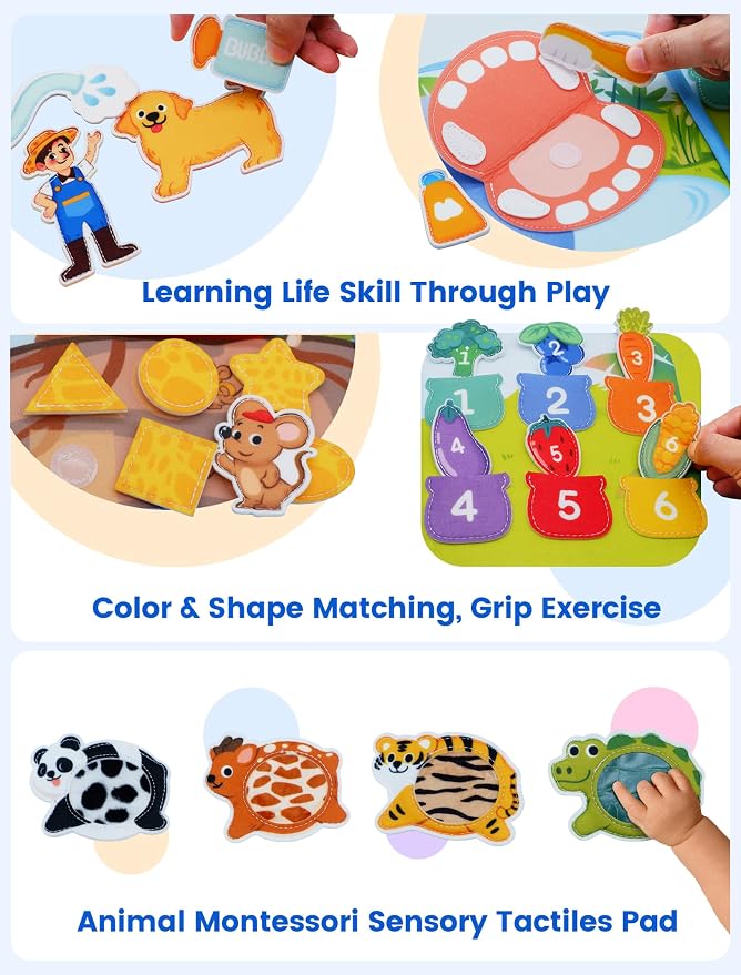 BizyKoady Montessori Busy Book for Toddlers 1-3, Felt Busy Board Dog Theme | Montessori toys, Learning activity, Travel toys, Fine motor, Independent quiet play, Soft felt, Boy Girl gift