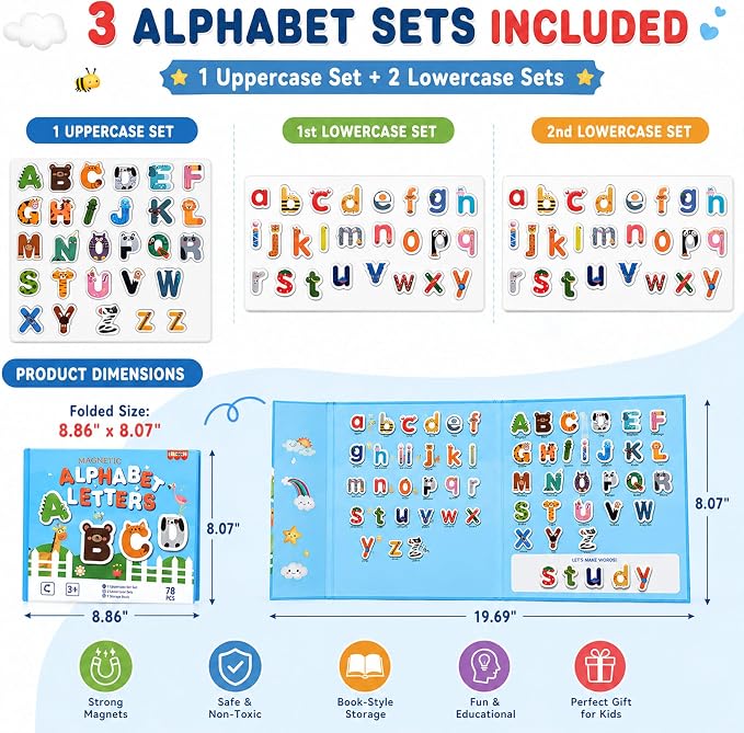 NASHRIO Magnetic Alphabet Letters for Kids Ages 3-5, ABC Learning Toys with Animal Words, Educational Preschool Toys, Montessori Early Learning Magnetic Book Set for Boys and Girls 3 4 5