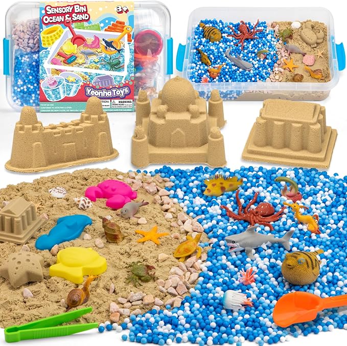 Ocean & Sand Sensory Bin with Lid, 42 Pcs Sea Animals Kit Preschool Tool | Developmental Birthday Gifts Boys Girls and Kids, Learning Activities Box, Outdoor Sandbox Toys for Toddlers