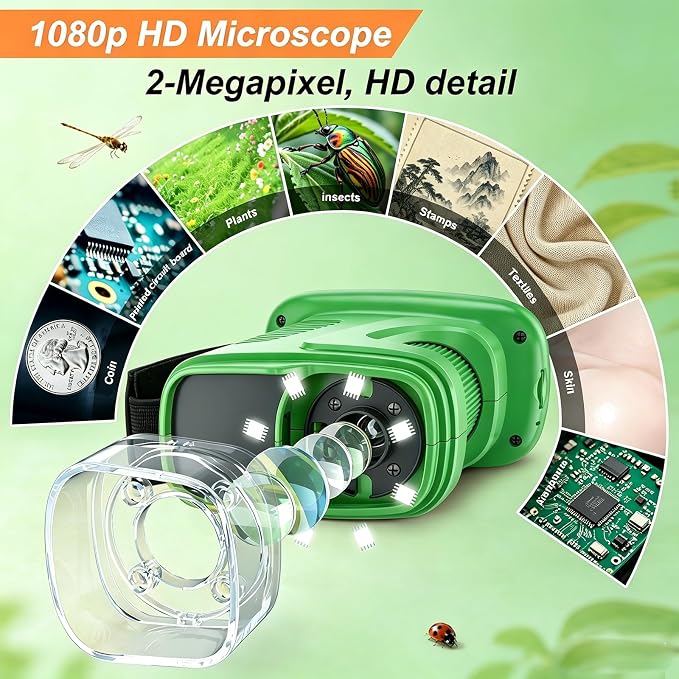 Kids Microscope,1000X HD Digital Handheld Mini Microscope 2.4" IPS Screen | Microscope for Kids, Mini Pocket Microscope for Children Birthday Gift, Science Education Fun for Boys Girls Ages 4-12 Green