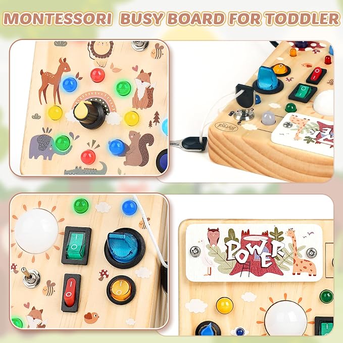 Joyreal Wooden Busy Board for Toddlers - Montessori Toys for 1 2 3 Year Old | Wooden Sensory Board, Sensory Learning Activity, Toddlers Activity Travel Toys for Boy & Girl Birthday Gift (Forest Theme)