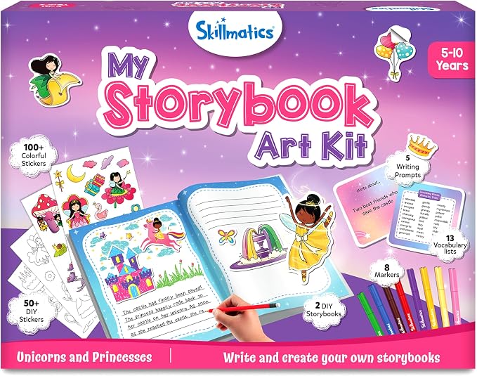 Skillmatics Storybook Art Kit – Unicorns & Princesses, Craft & Writing Kit | Storytelling Activity, Create Fairytale Stories, 300+ Stickers, Scrapbooking & Journal, Gift for Ages 5, 6, 7, 8, 9