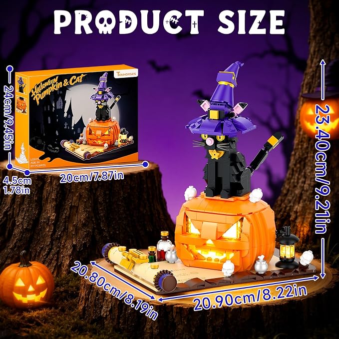 Halloween Pumpkin Witch Black Cat Building Set with Light for Kids | Cute Magic Cat with Pumpkin & Witch Hat Model Home Decor, Halloween Christmas Gift For Adults, Boys & Girls 6+, 577PCS