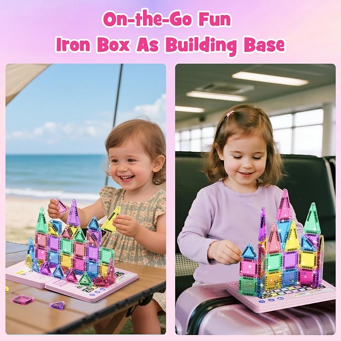 WMXDU 42-Piece Glitter Magnetic Tiles Travel Set with Pink Metal Box - Portable STEM Building Blocks for Kids Ages 3-8 Boys & Girls STEM Montessori Educational Toys for Airplane Car Rides