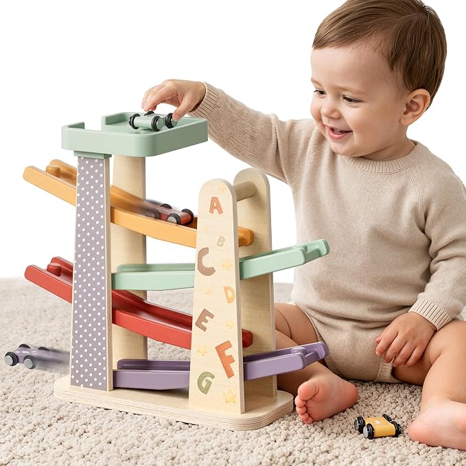 TOP BRIGHT Montessori Wooden Toys Car Ramp - 1 Year Old Boy Birthday Gift | Includes 4 Cars & Garage, Wooden Ramp Develops Motor Skills, Birthday Gift for 1+ Year Old