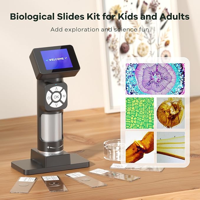 JL112 Handheld Microscope for Kids Adults, Portable Digital Microscope with 2" LCD Screen, 1080P USB Pocket Microscope Camera with 8 LED Lights, PC View, Microscope Slide Kit, 32GB