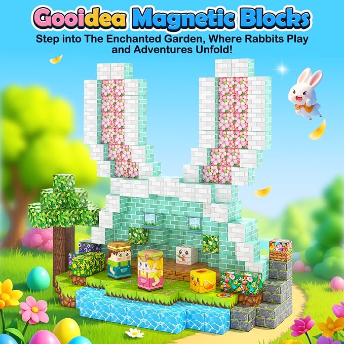 108PCS Magnetic Blocks Bunny Garden Magnet Building Toys for Kids Age 3+ | Magnet Building Cubes, STEM Sensory Learning Toys, Christmas Easter Gifts for Boys Girls, Outdoor Kids Toys