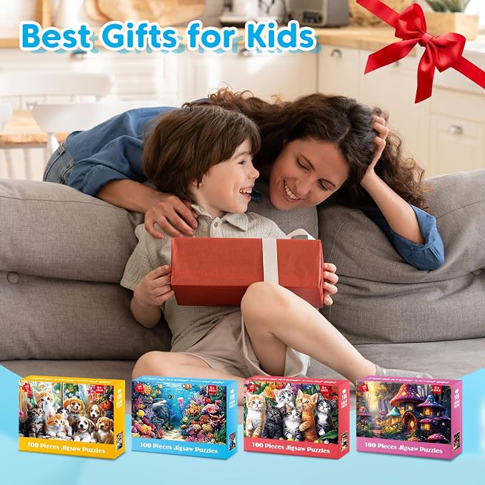 4 Packs 100 Piece Puzzles for Kids Ages 4-6 6-8 8-10, Cats Dogs Sea World Mushroom Large Piece Puzzle for Seniors 100 Pieces Adults Jigsaw Puzzle Learning Educational Xmas Toys for Boys and Girls