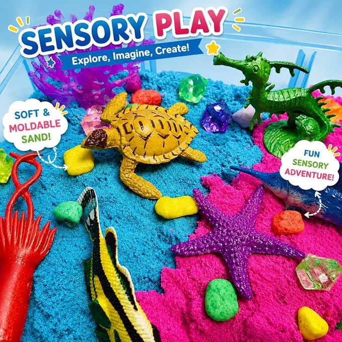 AGENTLAN Dino & Ocean Sensory Sensory Bin with Play Sand | Sensory toy set with dinosaur & ocean figures, supports fine motor skills, for toddlers ages 3+, stackable sandbox play