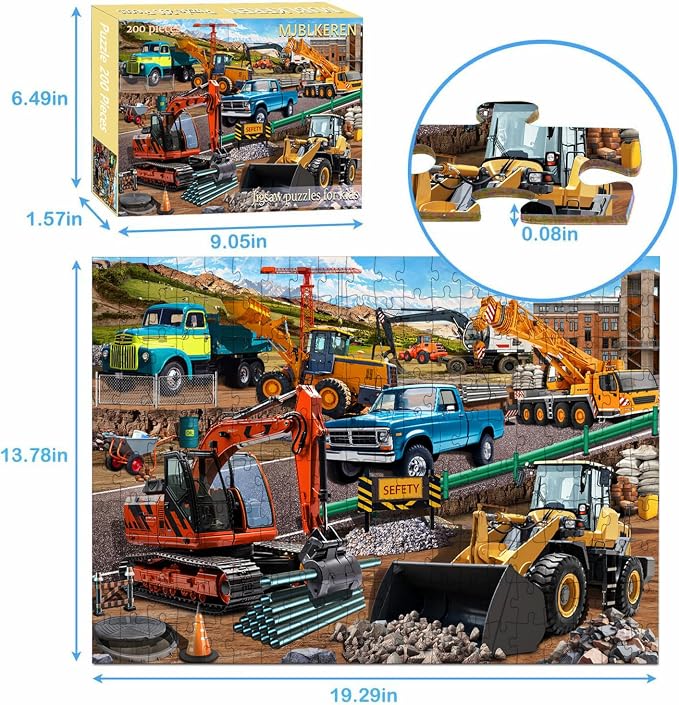 Puzzles for Kids Ages 6-8 8-10 -200 Piece Puzzles Construction Site Puzzle | Fun Bulldozer & Truck Puzzle toy .Puzzles for 6 7 8 9 10 11 12 years old boys and girls.Learning Puzzle Toy