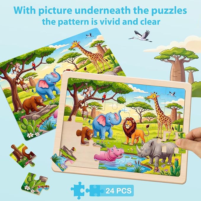 Puzzles for Kids Ages 4-6, 4 x 24 PCs Animals Wooden Puzzles | Animals Puzzles for Toddlers & Kids Ages 3-5, Preschool Educational Puzzles Toys, Birthday Gifts Set for Boys & Girls