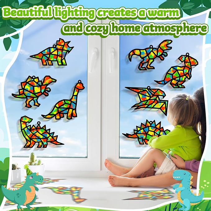 Lonfliness 32Sets Dinosaur Suncatchers Crafts Kit DIY Dino Window Stained Glass Effect Paper Dinosaur Animal Home School Classroom Decoration Art Craft Creative Activity Project Kid Gift Favor