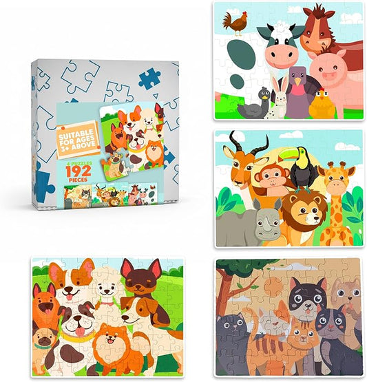 Wooden Animal Floor Puzzles for Kids, 4-Pack 48-Piece (192 Total) – Educational Toys for 3 Year Old, Puzzles for Kids Ages 4–6, Learning Toys for 3 Year Old Boys & Girls, Animal Theme