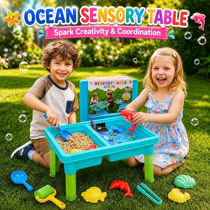 Carolart Ocean Sensory Table, Sand Table, Standing Sensory Bin | Activity Table, indoor outdoor sand kit for sensory play, ocean toys and water table for boys and girls ages 3+