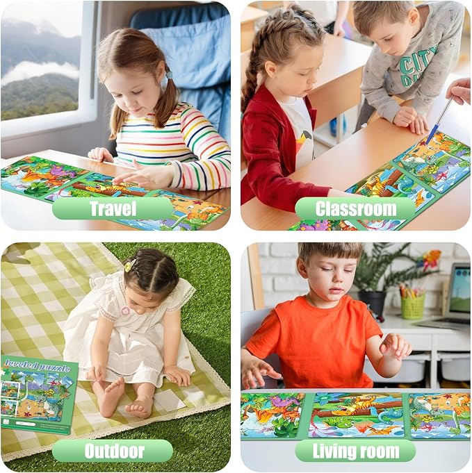 Magnetic Puzzles for Toddlers 3-5 Dinosaur Puzzle Travel Toys for Kids | Jigsaw Puzzles for Kids 75-Pieces Travel Toys Dinosaur Puzzles Ages 4-6 Road Car Trip & Airplane