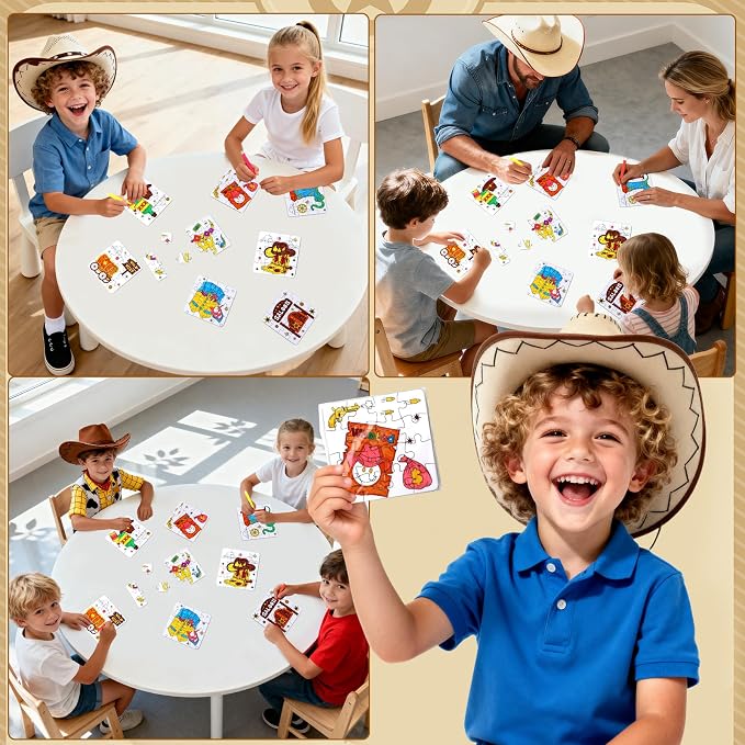 Western Cowboy Coloring Jigsaw Puzzle for Kids-DIY Horse Craft Party Favors | 24 Sets Color Your Own Crafts Blank puzzles, Fall Classroom Gift for Toddlers & Adults Birthday Game toy Supplies Arts Bulk