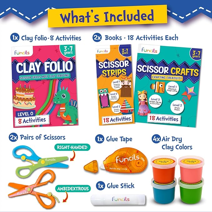Funcils Kids Scissors Skills with Air Clay, Toddler Scissors Ages 3 4 5 6 7 | 2 Safety Scissors, Preschool Gifts, Toys for Kids, Cutting & Learning Crafts Activities - Art Supplies Gifts for Boys & Girls
