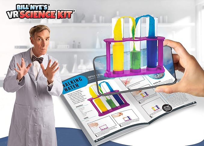 Abacus Brands Bill Nye's VR Science Kit - Kids STEM Set, Gift Ages 8-12 | 30 Hands-on Experiments, 50-Piece Activity Lab, 80-pg Interactive Book, Virtual Reality Goggles Incl., Chemistry & Physics