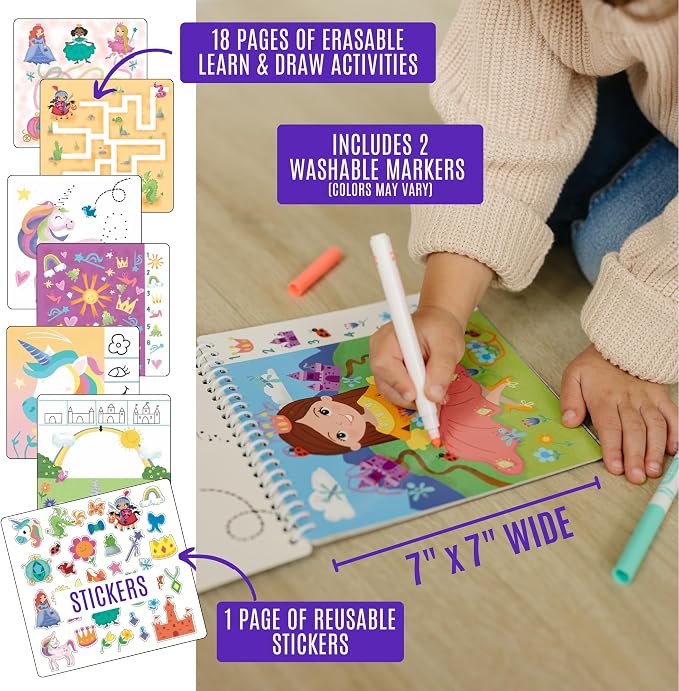 Totebook Dry Erase Activity Book for Kids - 18 Erasable Learning Games with Markers & Reusable Stickers, Travel Activities for Ages 4-6, Fits Case (Space Theme)