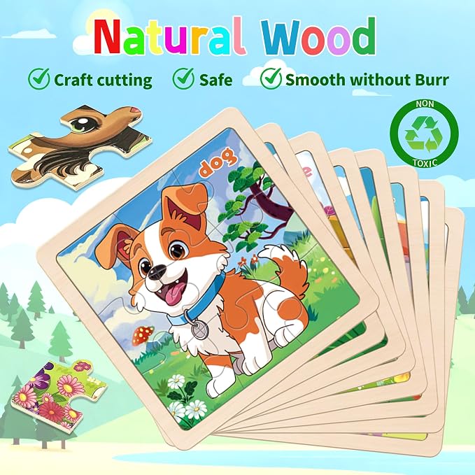 Wooden Farm Puzzles for Toddlers, 8 Pack 9 PCS Jigsaw Puzzles for Kids | Wooden Puzzles for Toddlers 3-5, Animal Puzzles for Kids 3-5, Preschool Puzzles Learning Educational Sets Toys