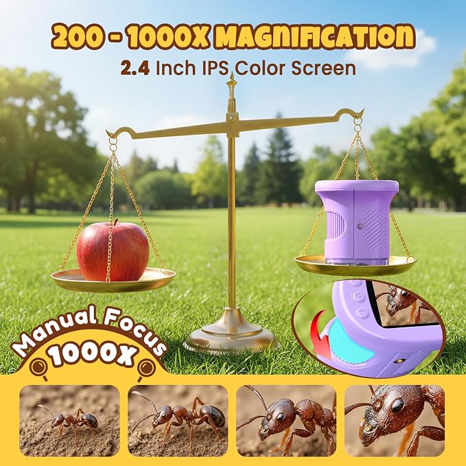 Handheld Digital Mini Microscope for Kids: 1000X 4K 2.4" Microscopes Toys | Portable Pocket STEM Electronic Learning Educational Science Kit 8-12 Birthday Gift 4 5 6 7 Year Old Boy Girl