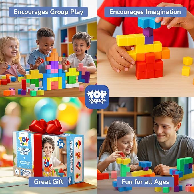 TOY Life Primary Magnetic Blocks, 64-Piece STEM Set, Ages 3-8 | bright ABS cubes, storage bag and idea guide, strong connections, creative play