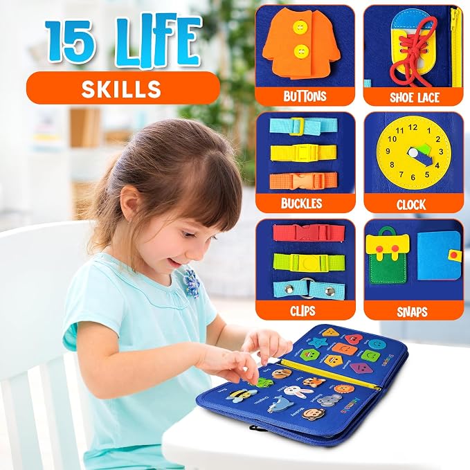 Montessori Busy Book for Toddlers 1-4 Years – Felt Quiet Book & Busy Board with 8 Pages, 21-in-1 Activities – Alphabet, Numbers, Colors, Shapes, Animals – Travel Toy for Boys & Girls