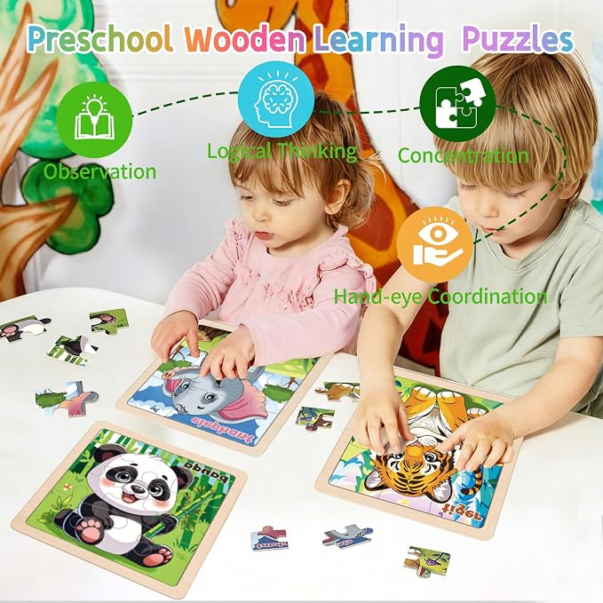 Wooden Animals Puzzles for Toddlers, 8 Pack 9 PCS Jigsaw Puzzles for Kids | Wooden Puzzles for Toddlers 3-5, Animal Puzzles for Kids 3-5, Preschool Puzzles Learning Educational Sets Toys