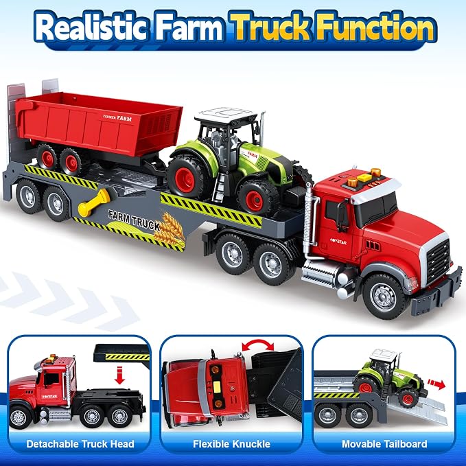 Bstoyder Toddler Boy Toys for 3 4 5 6 7 Years Kids, 21" Semi Flatbed Truck Toy with a Farm Truck, Friction Powered Vehicles Toys with Lights and Sounds, Birthday for Boy Girls