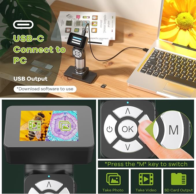 JL112 Handheld Microscope for Kids Adults, Portable Digital Microscope with 2" LCD Screen, 1080P USB Pocket Microscope Camera with 8 LED Lights, PC View, Microscope Slide Kit, 32GB