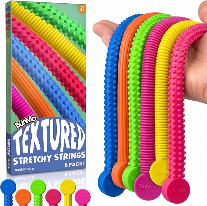 BUNMO Stretchy Strings - Sensory Toys - Stimulating & Fun Sensory Toys for Kids - Fidget Toy - Hours of Fun for Kids - Non-Mouthable Toy 3+ - Textured 6 Pack