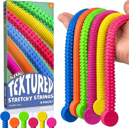 BUNMO Stretchy Strings - Sensory Toys - Stimulating & Fun Sensory Toys for Kids - Fidget Toy - Hours of Fun for Kids - Non-Mouthable Toy 3+ - Textured 6 Pack