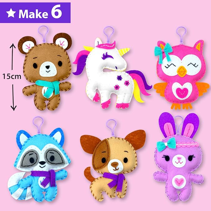 KRAFUN Unicorn Animal Sewing Keyring Kit for Kids Ages 7-12 | 6 Dolls | Make 6 stuffed animal keyrings: Bear, Dog, Rabbit, Raccoon & Owl. Instructions & felt materials included