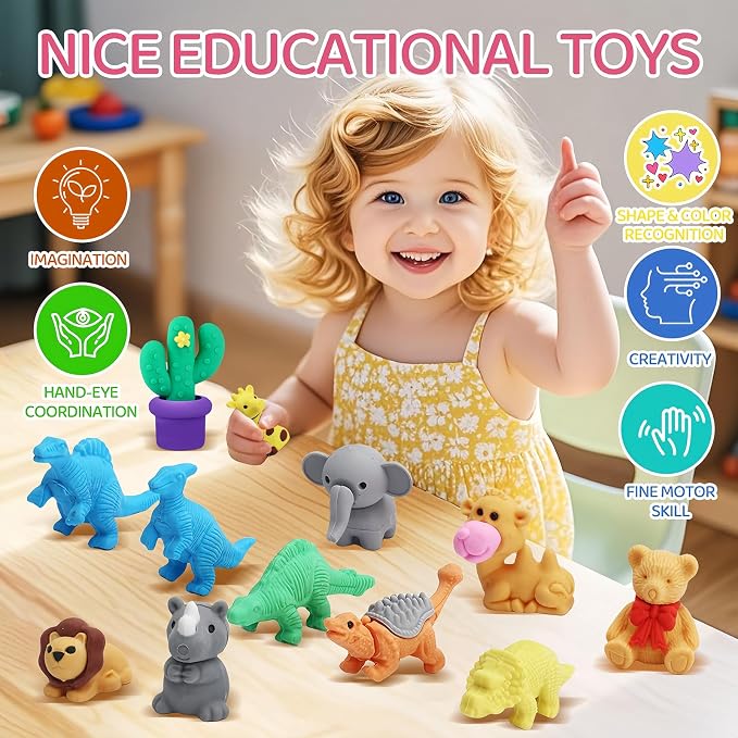 URSKYTOUS 91Pcs Animal Erasers Desk Pets for Kids Animal Pencil Erasers Bulk Puzzle Eraser Toys Gifts for Classroom Prizes,Game Reward,Treasure Box,Easter Egg Fillers,Goodie Bag Stuffers,Party Favors