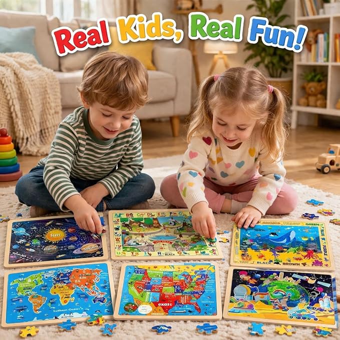 Wooden Puzzles for Toddlers 3-5,6 in 1 Jigsaw Wooden Solar System Puzzles for Ages 4-6,Preschool Educational Brain Toys Birthday Gifts for Boys and Girls 2 4 3 5 Year Old（World Map）