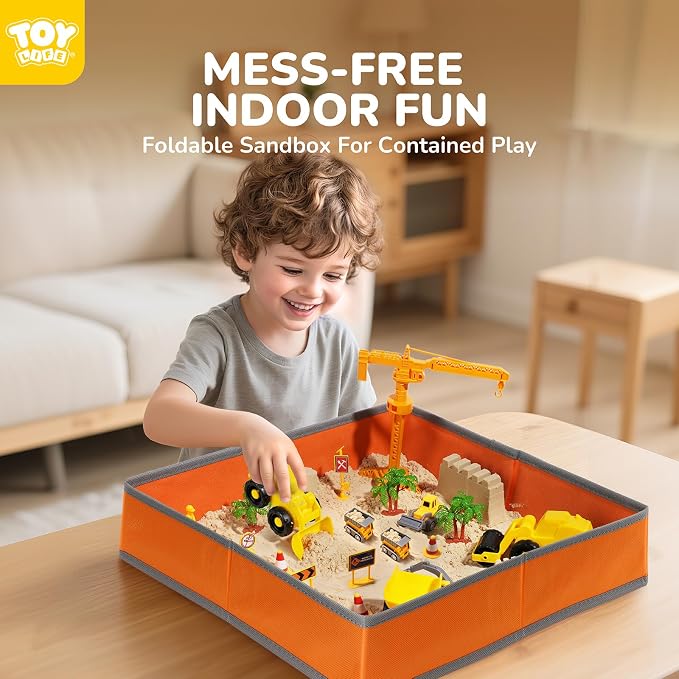 TOY Life 38-Piece Construction Sand Kit with Foldable Sandbox, Ages 3+ | 2.25 lb moldable material, 8 vehicles, crane, 6 molds, traffic signs, glow stones
