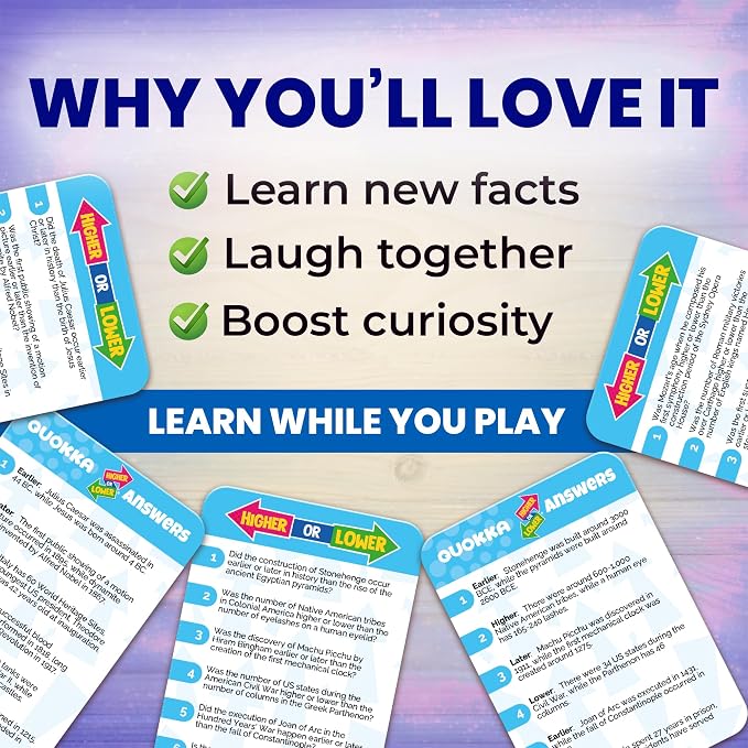 QUOKKA History Board Games for Kids and Adults – Family Board Games for Family Game Night – Higher or Lower Trivia Cards for Kids 8-12 – Guess Fun Questions – Educational Card Game for Families&Teens