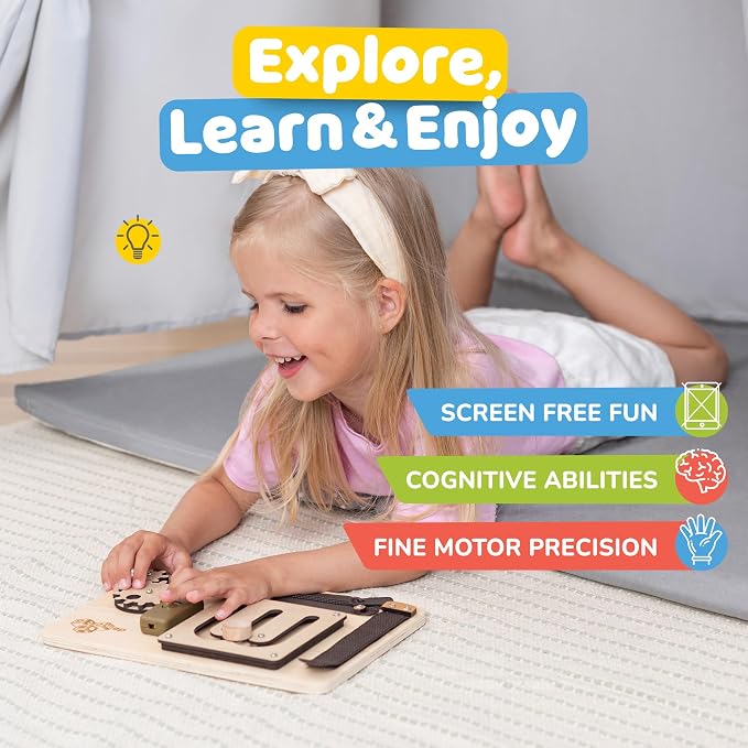 Toddler Busy Board for 1 Year Old, Montessori Baby Wooden Toy | Travel Baby Wooden Montessori Busy Board for Toddlers 1–3, Activity Toy for Early Motor Skills and Travel Play
