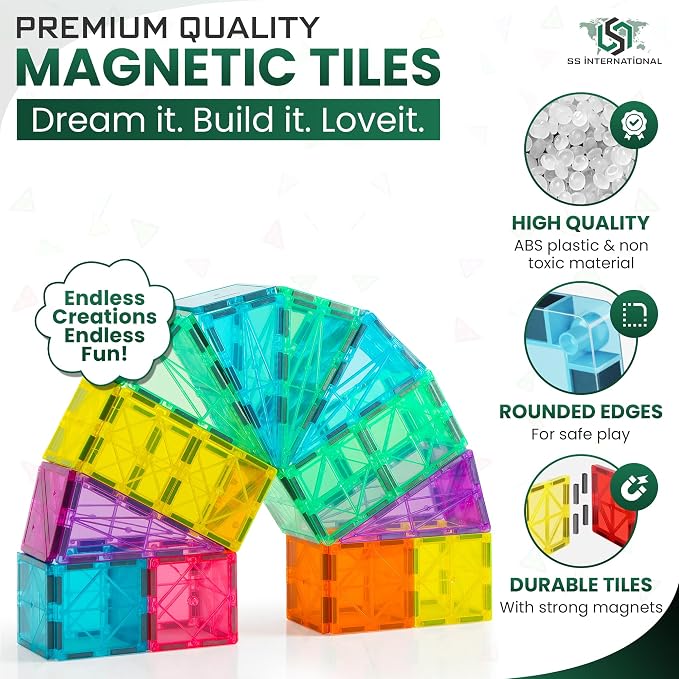 Magnetic Tiles 100 Pcs with 2 Cars STEM Building Blocks Toys for Kids 3+ | 100-piece magnetic building tile set with 2 cars for STEM, open-ended play, and kindergarten classroom learning fun